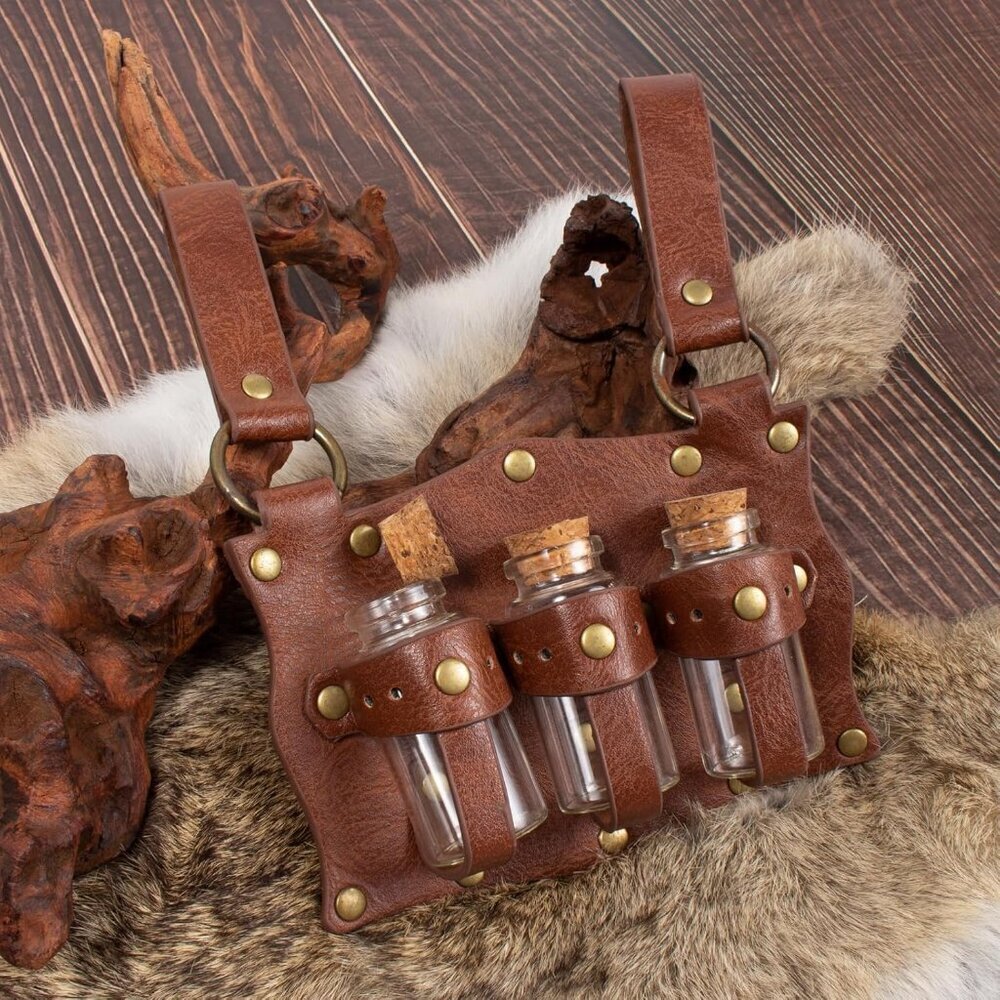 Brown 3Bottle-New Leather Belt Pouch Waist Bag Medieval Phone Holder GearFX - Picture 3 of 9